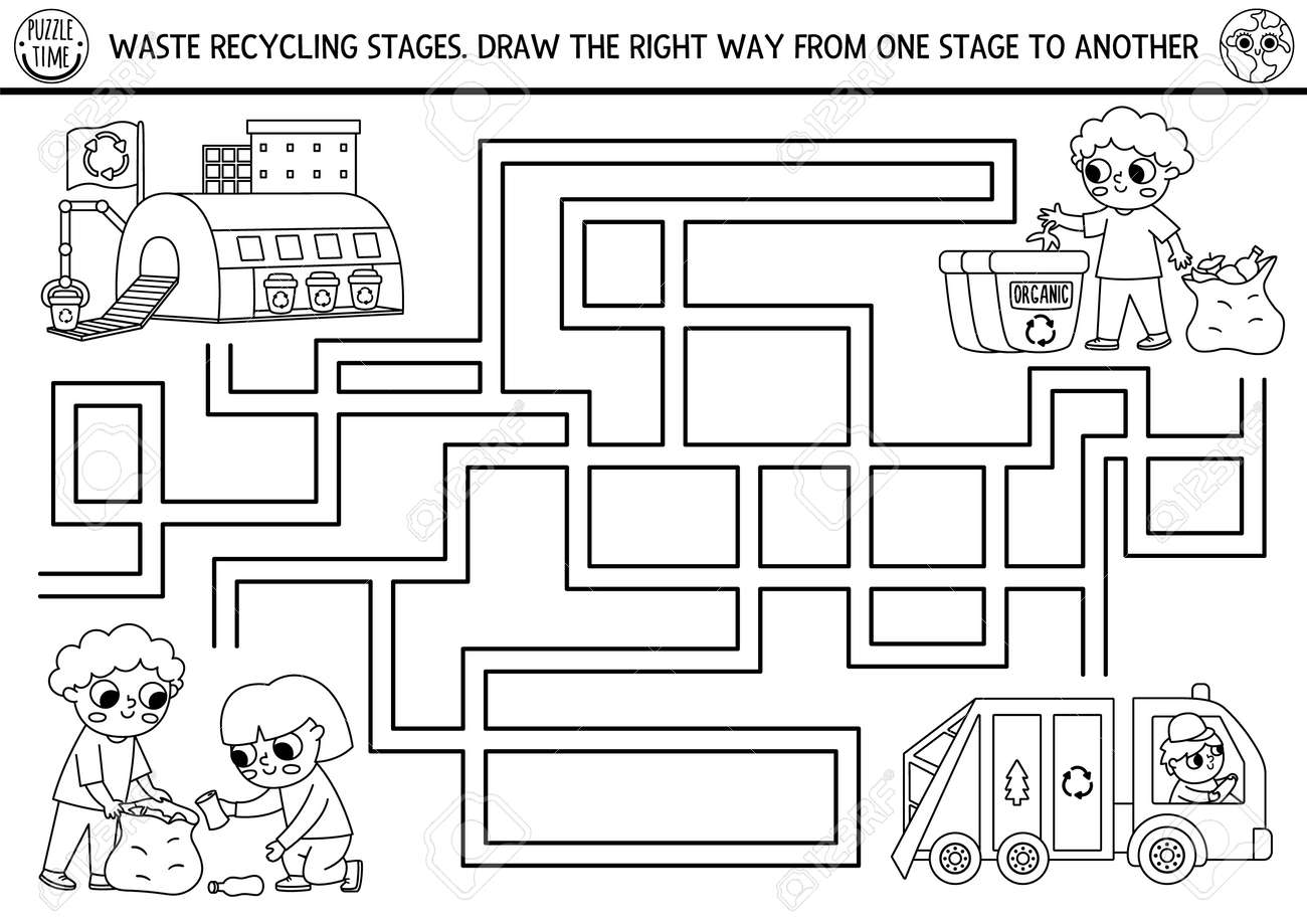 Ecological black and white maze for children with kids sorting out the rubbish earth day preschool activity eco awareness or zero waste labyrinth coloring page with garbage recycling stages royalty free svg