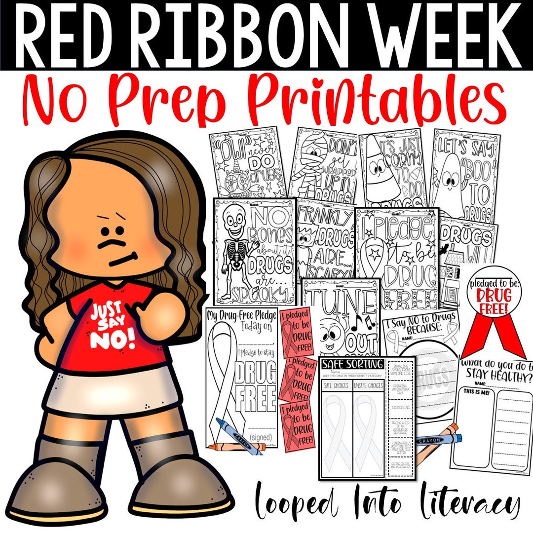 Red ribbon week drug free no prep printables coloring pages writing craft instant download
