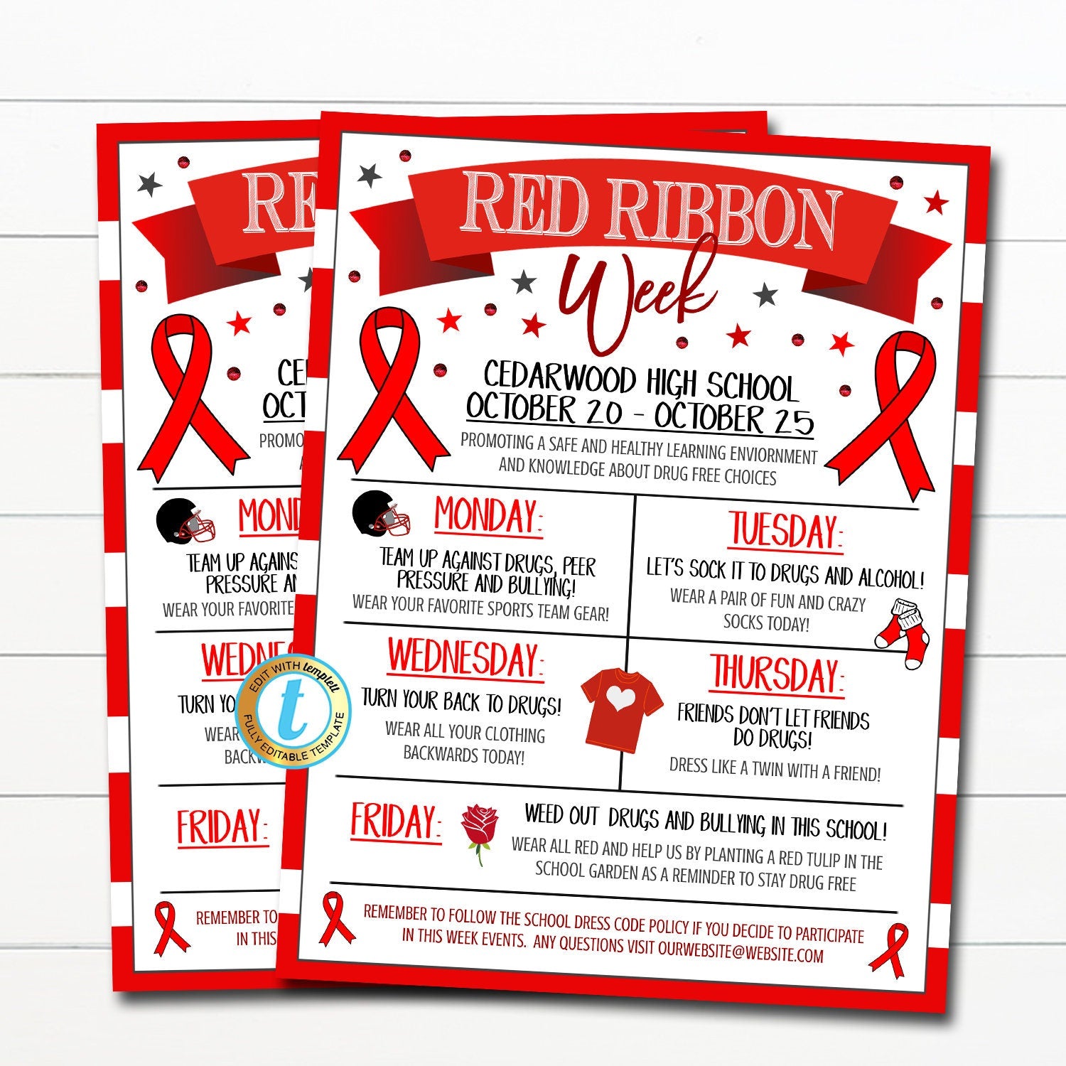 Red ribbon week itinerary flyer drug free schools â printables
