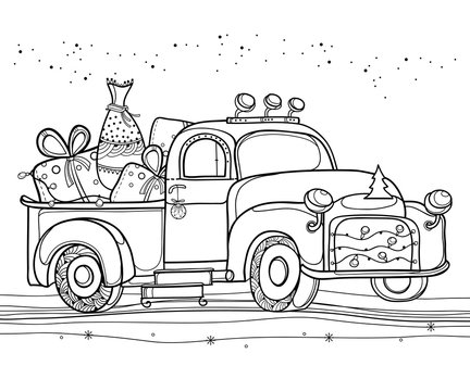 Drawing of outline vintage old pickup truck with christmas garland and gifts in back isolated on white background vector