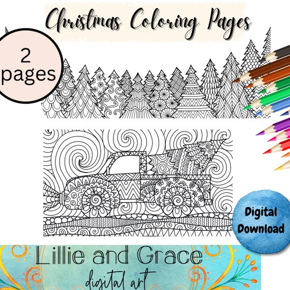 Christmas trees and red truck adult coloring pages pages instant download stress relieving art printable coloring coloring pages