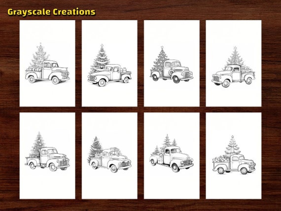 Christmas old truck coloring page book snow tree vehicle winter festive holiday printable pdf sheets grayscale coloring adults kid instant download