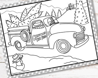 Christmas tree truck coloring page holiday pdf printable winter activity with farmhouse scene