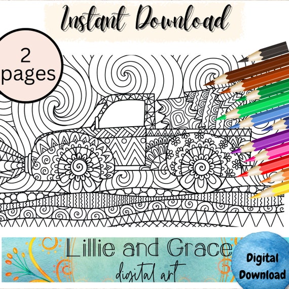 Christmas trees and red truck adult coloring pages pages instant download stress relieving art printable coloring coloring pages