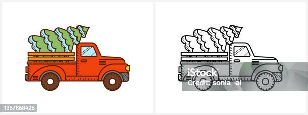 Christmas pickup truck coloring page for kids stock illustration