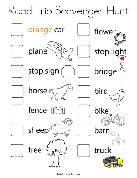 Road trip scavenger hunt coloring page