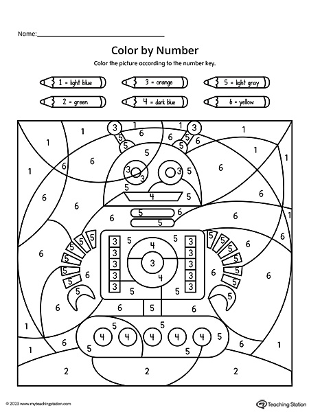 Free color by number robot printable worksheet