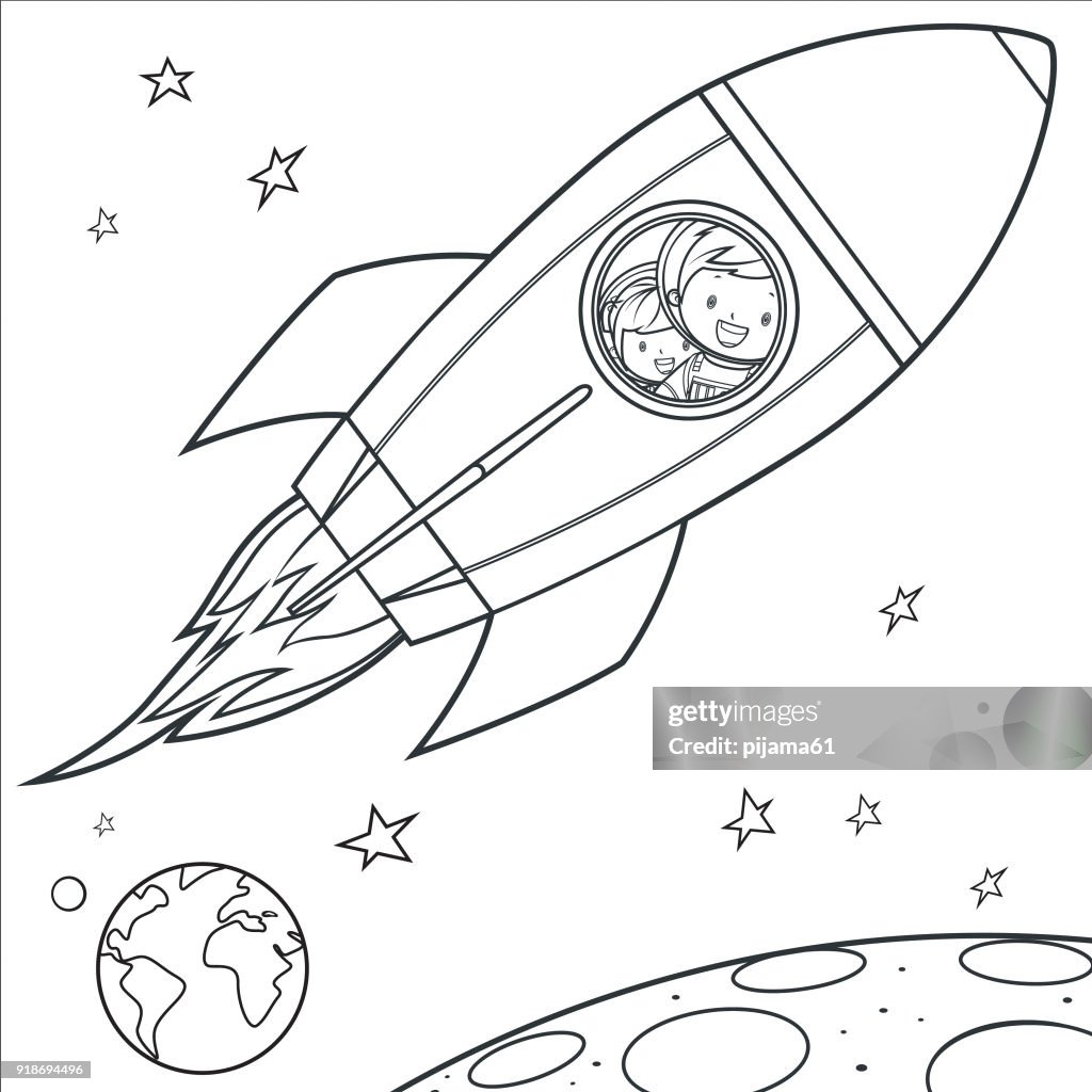 Coloring book kids going into space high