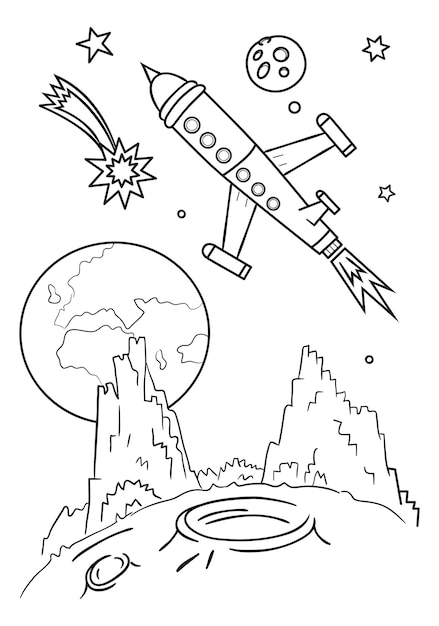 Premium vector the rocket flies in space space coloring pages printable
