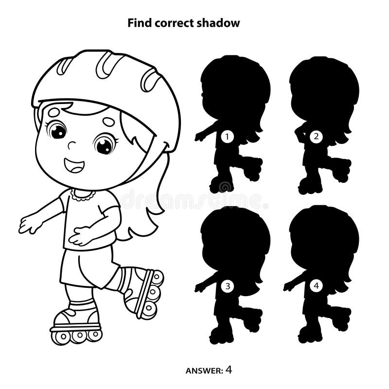 Puzzle game for kids find correct shadow coloring page outline of cartoon girl on the roller skates stock vector