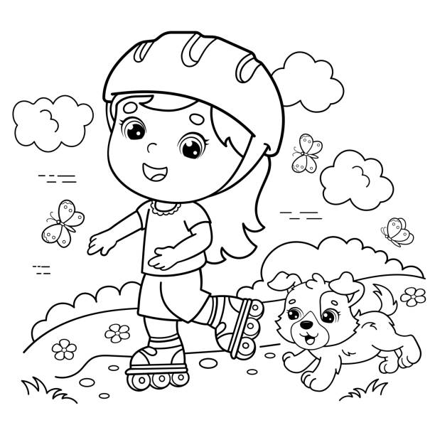 Coloring page outline of cartoon girl on the roller skates with a dog coloring book for kids stock illustration