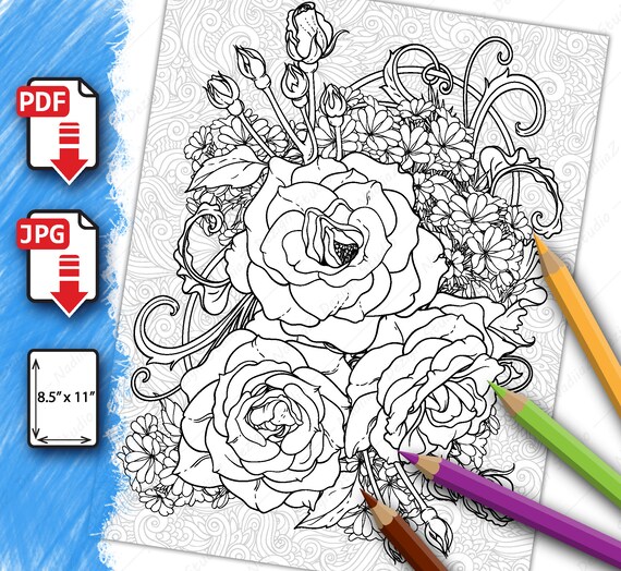 Adult botanical oloring page of roses pdf printable coloring page digital download instant download