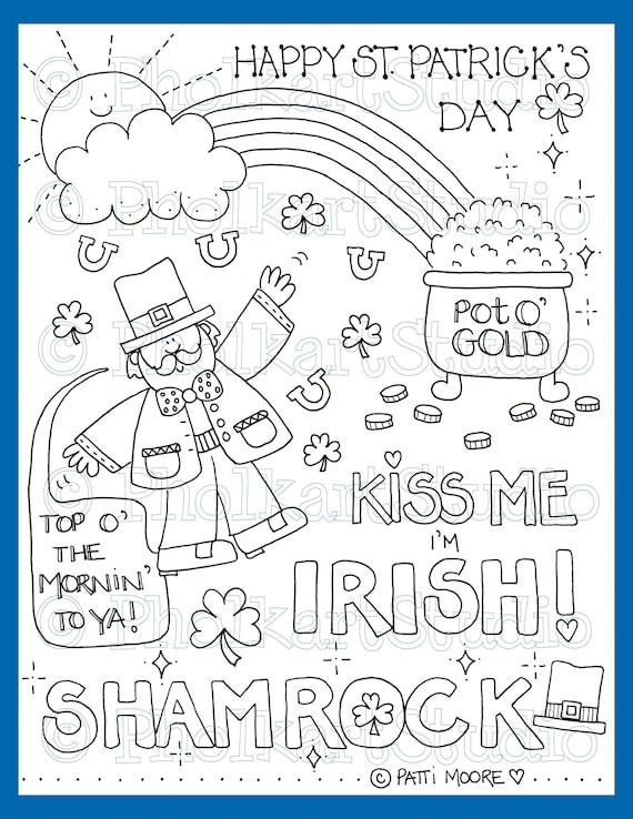Saint patricks day coloring page for kids and adults cute and whimsical hand drawn coloring printable leprechaun rainbow pholkartstudio