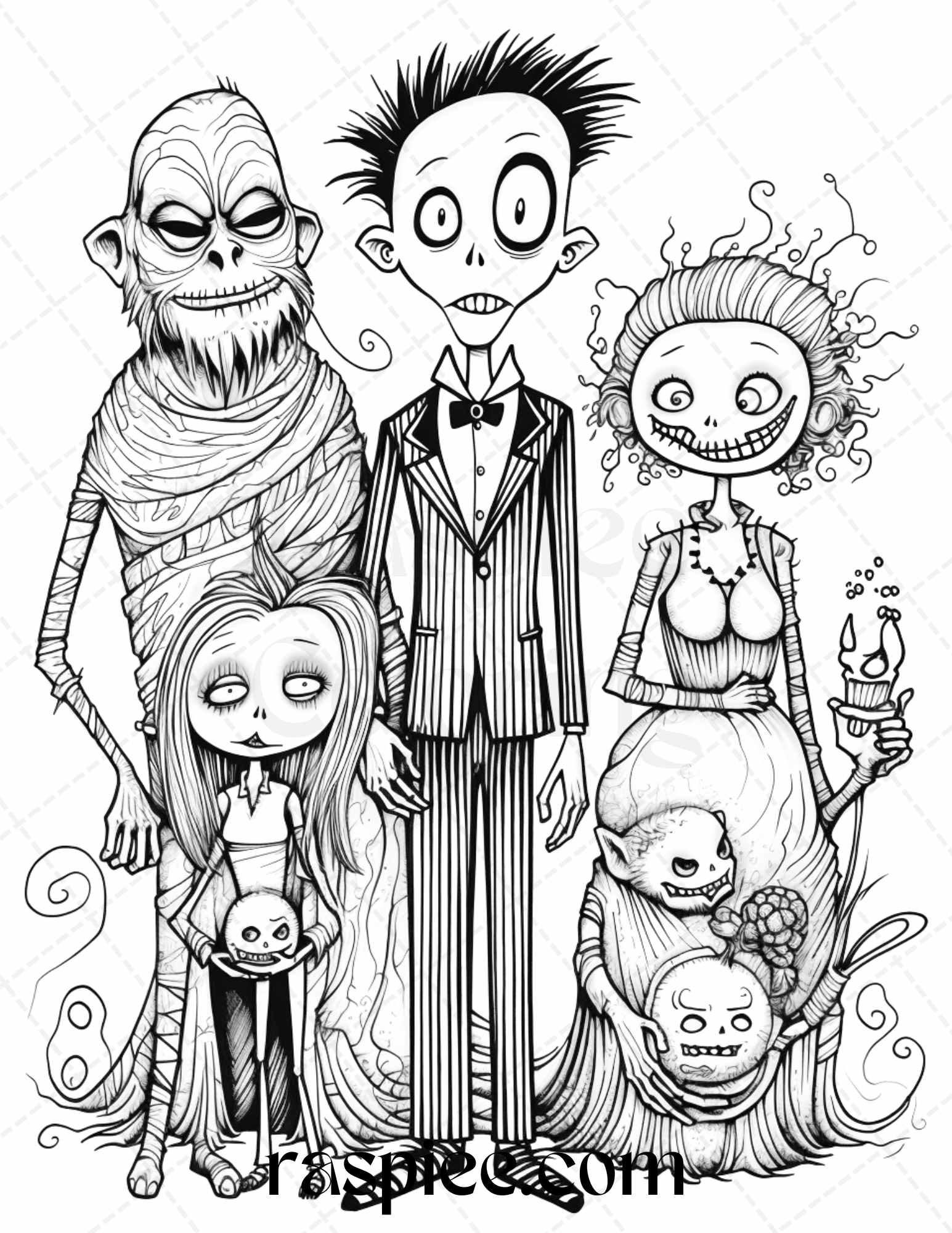 Monster family grayscale coloring pages printable for adults