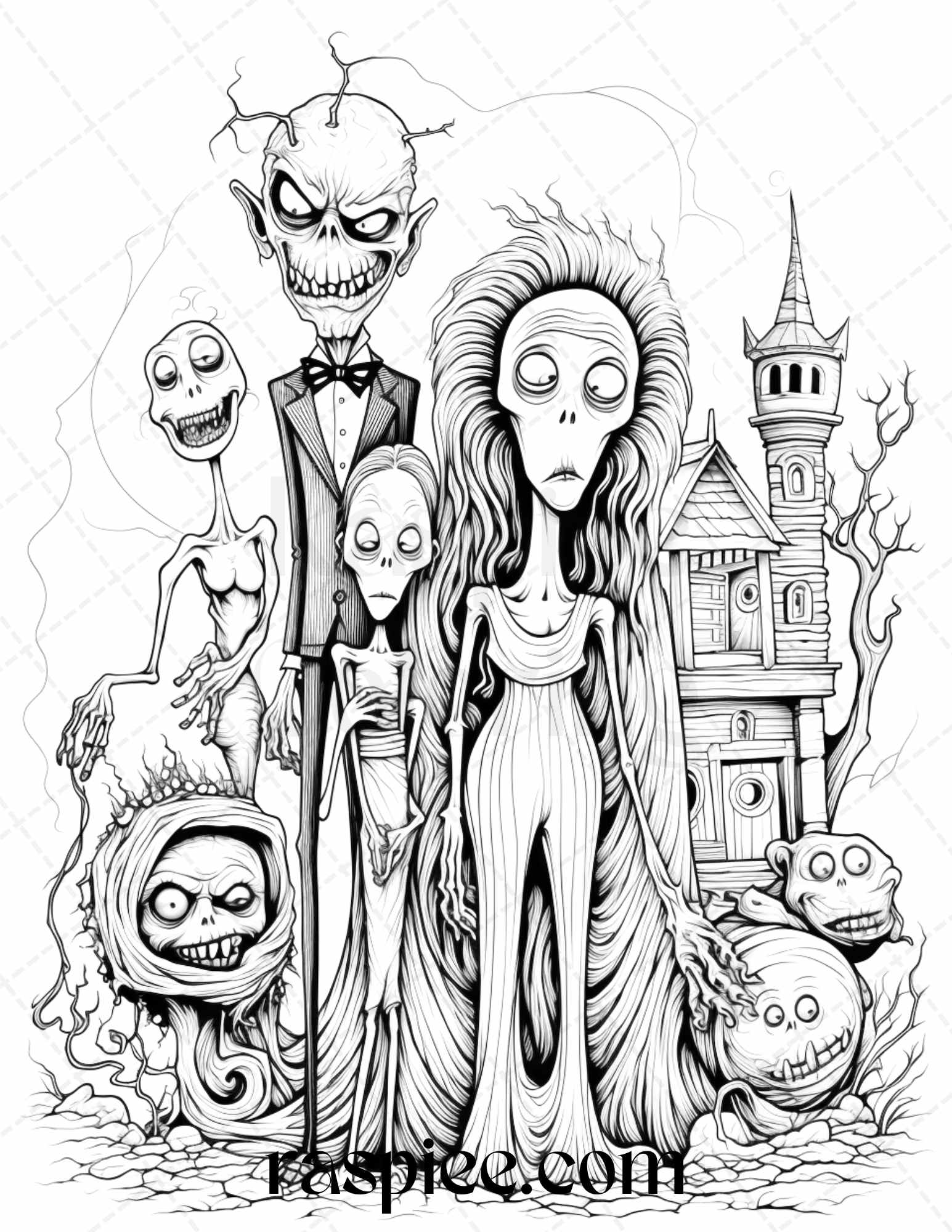 Monster family grayscale coloring pages printable for adults