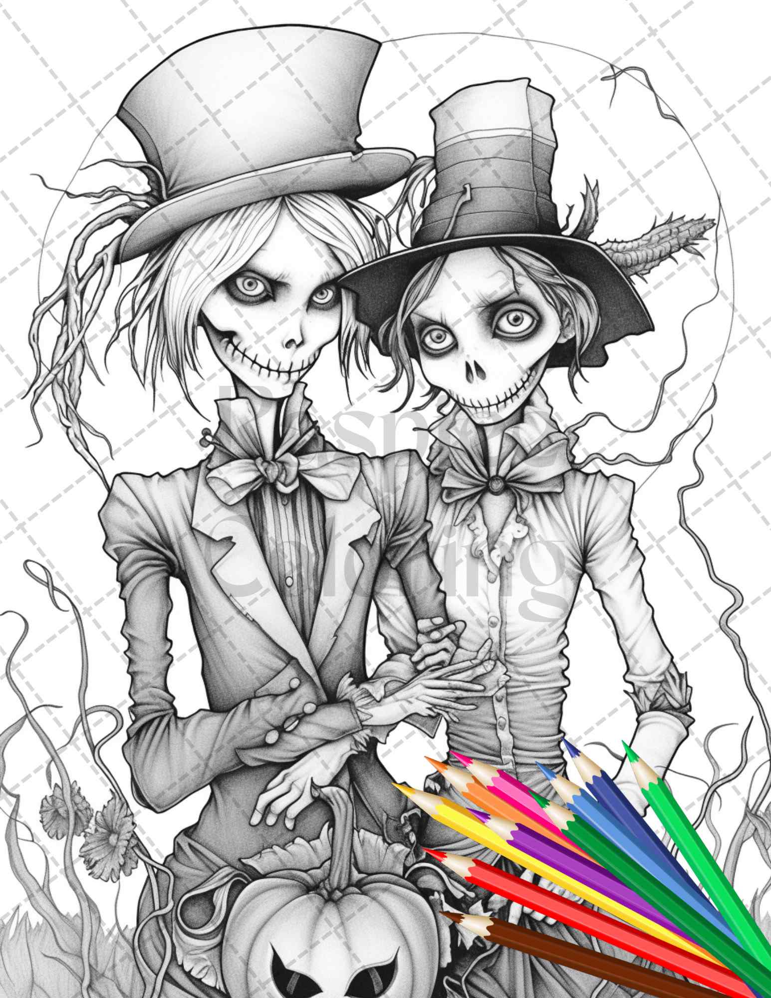 Scary scarecrows grayscale coloring pages printable for adults hal â coloring