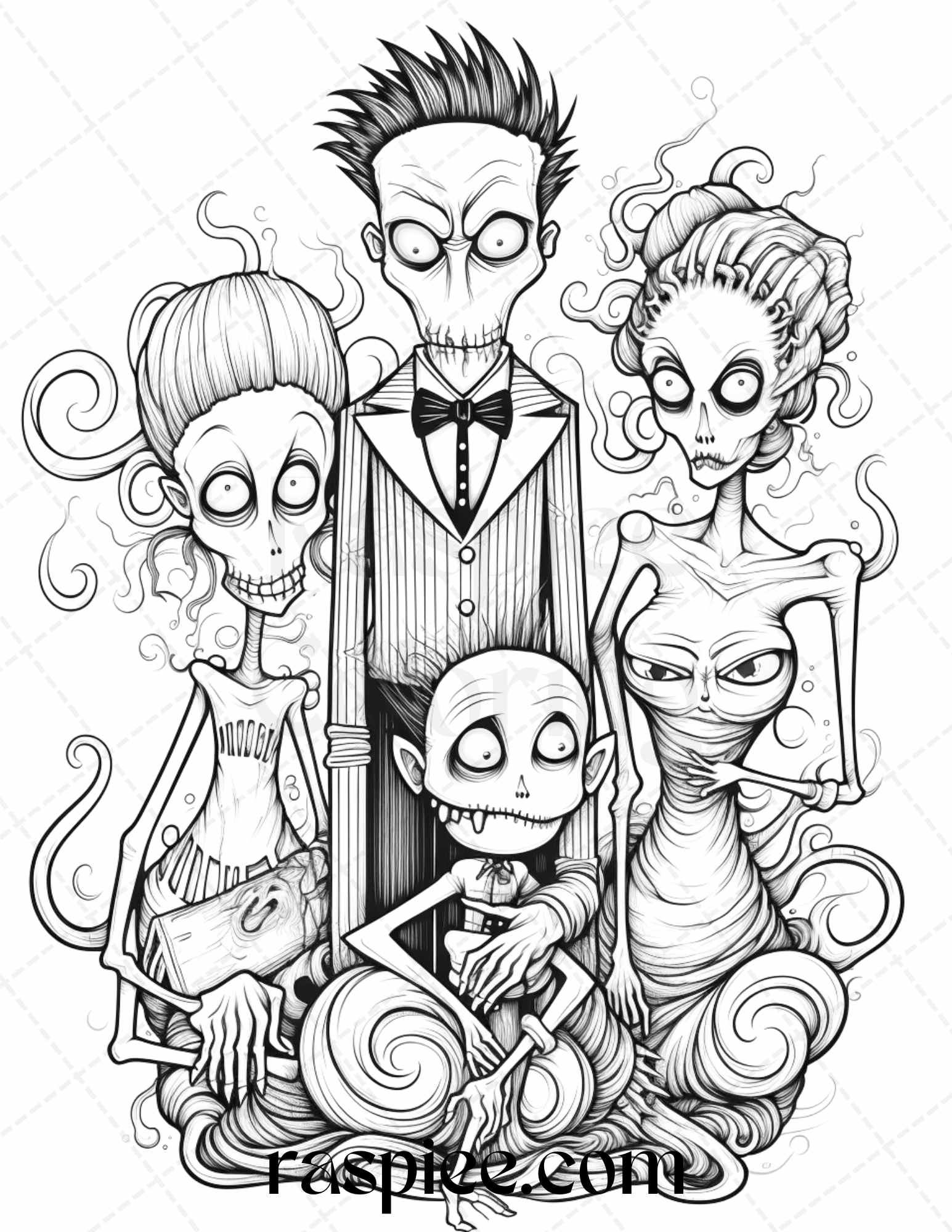 Monster family grayscale coloring pages printable for adults