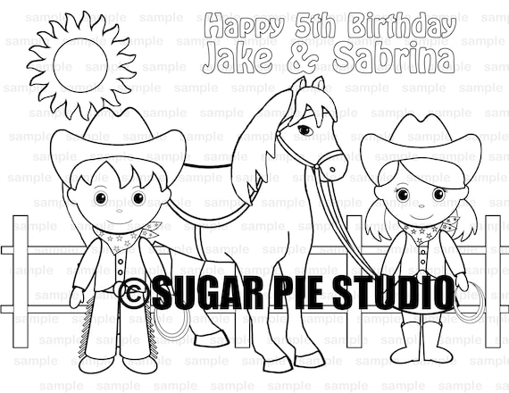 Personalized twins cowboy coloring page birthday party favor colouring activity sheet personalized printable template