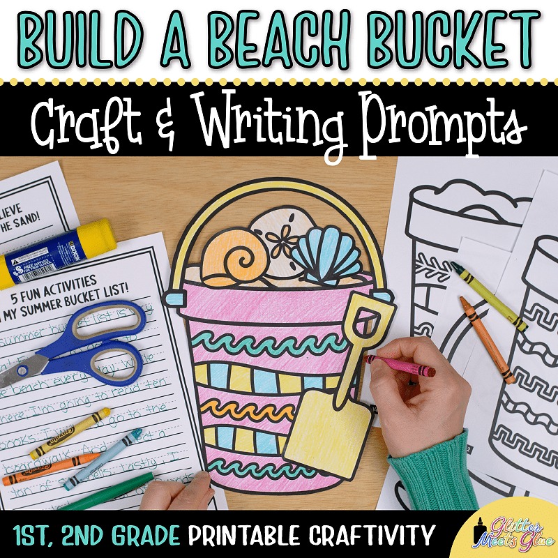 Beach bucket coloring craft â summer writing activity template