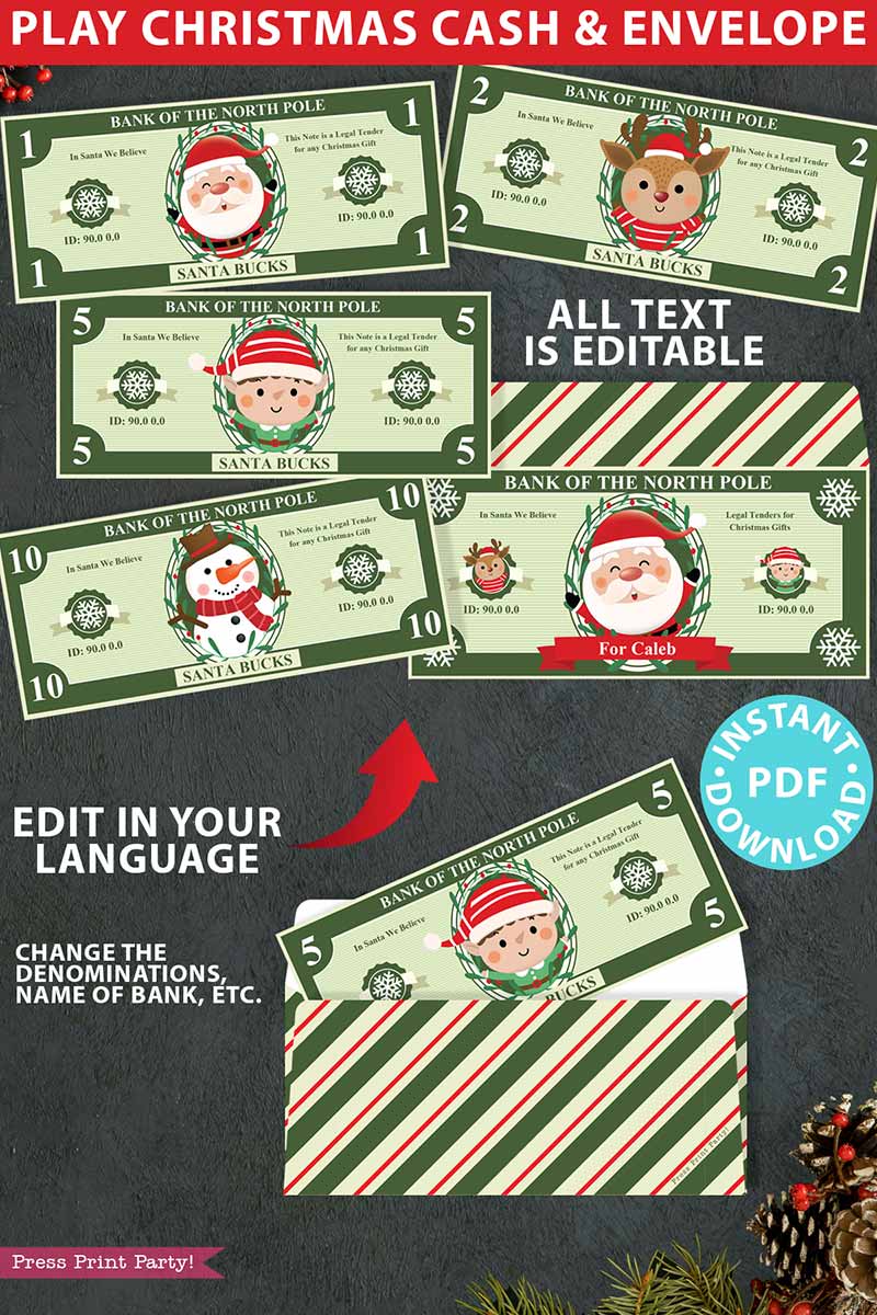 Play christmas money and cash envelope printable