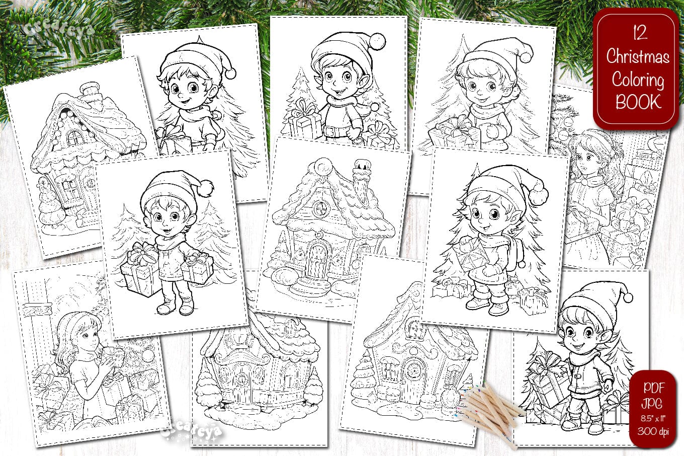 Christmas coloring book elf coloring page bundle printable coloring sheet