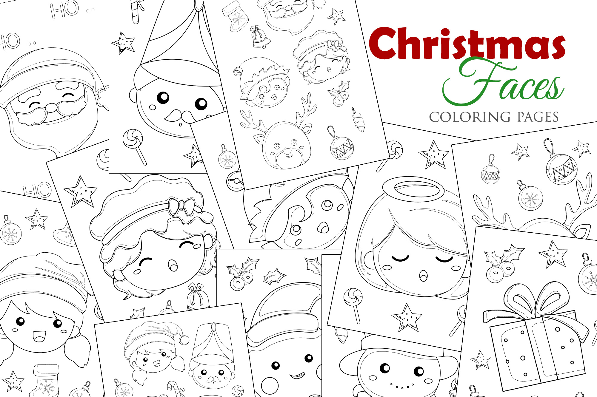 Cute christmas faces elf snowman deer animal girl kids angel cartoon coloring pages for kids and adult