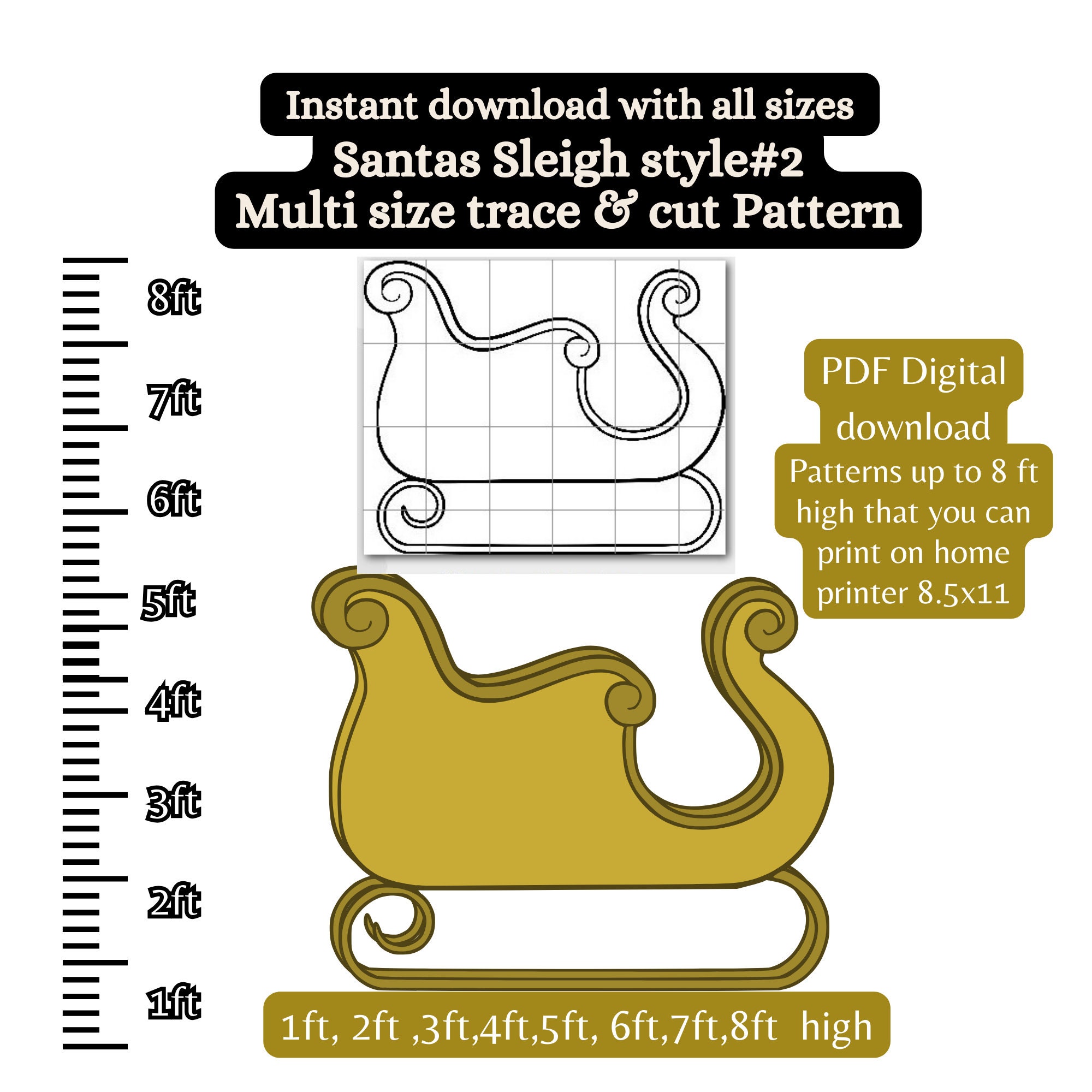 Life size santa sleigh pattern pdf template printable trace and cut christmas silhouette template stencils christmas yard decorations m instant download