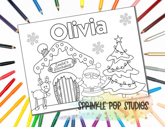 Personalized coloring page santas workshop custom coloring book page with name digital download coloring pages for kids