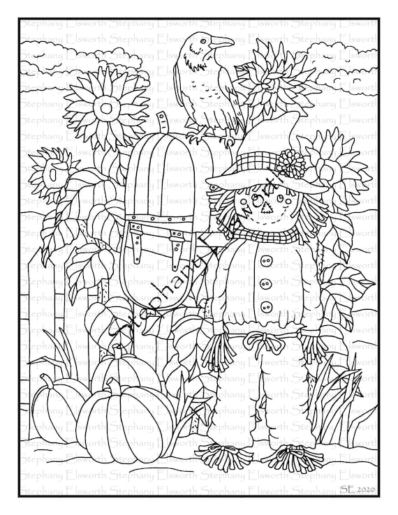 Scarecrow and mailbox x printable instant download coloring page instant download