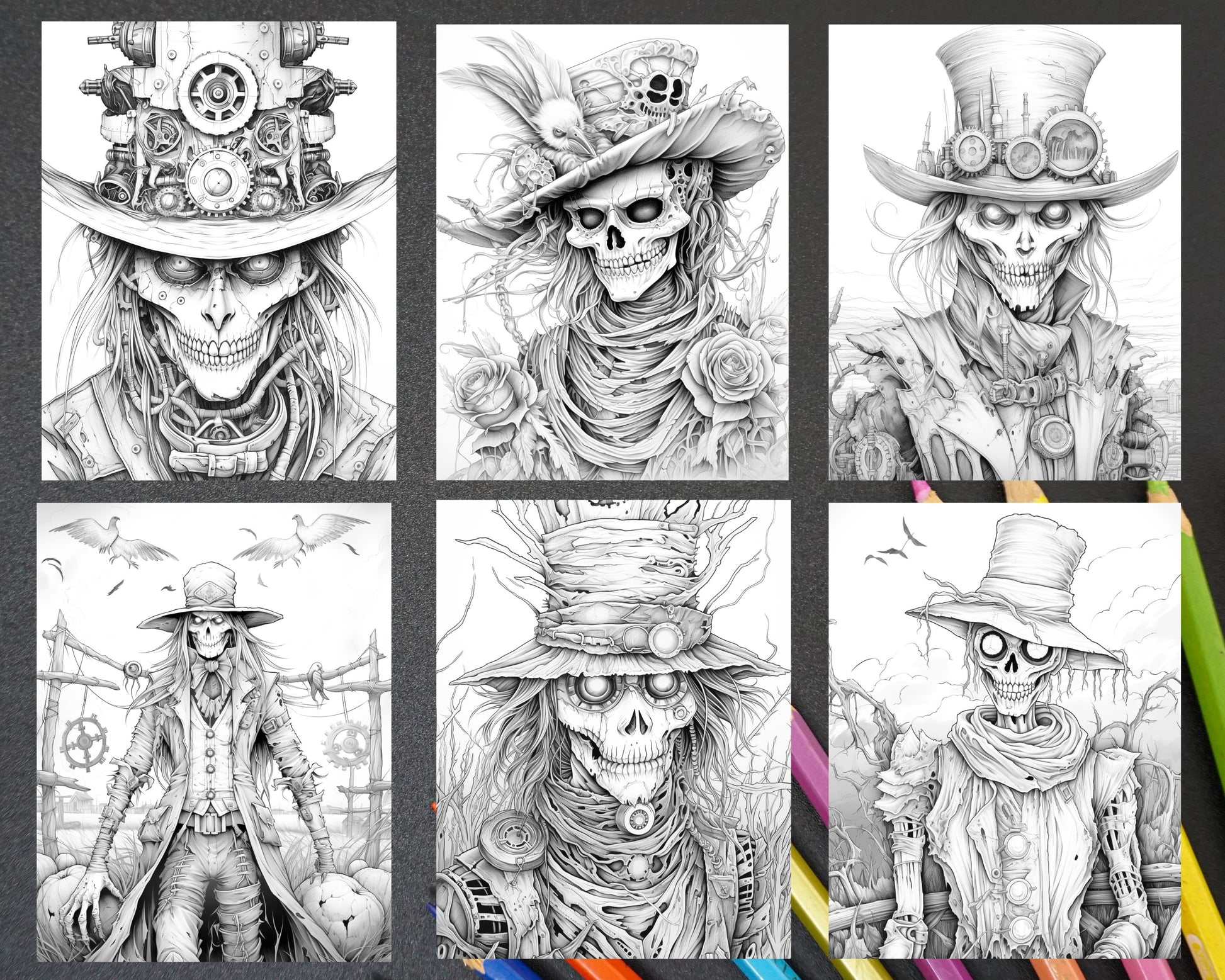 Scary steampunk scarecrows grayscale coloring pages printable for a â coloring