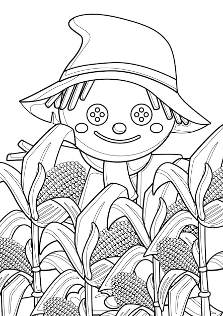 Premium vector cute autumn scarecrow and corn plants coloring pages a for kids and adult