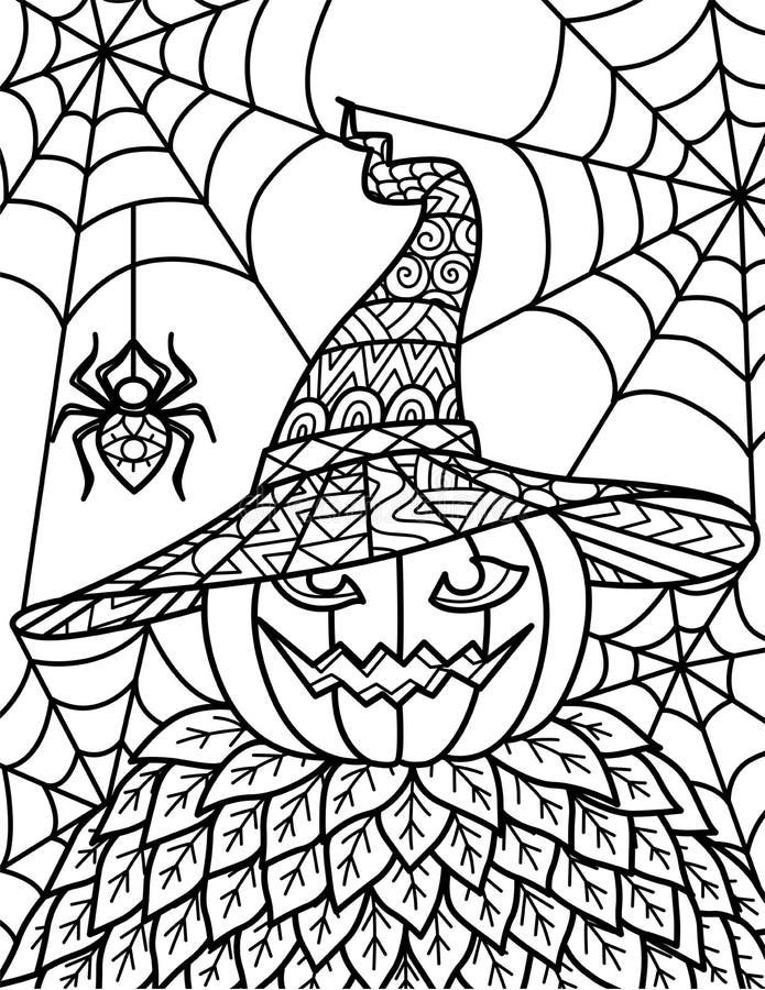 Halloween pumpkin scarecrow with mandala hat and spider web for printing engraving or coloring book stock vector