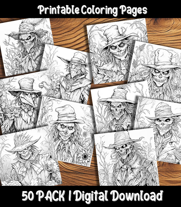 Creepy scarecrow coloring pages digital pack