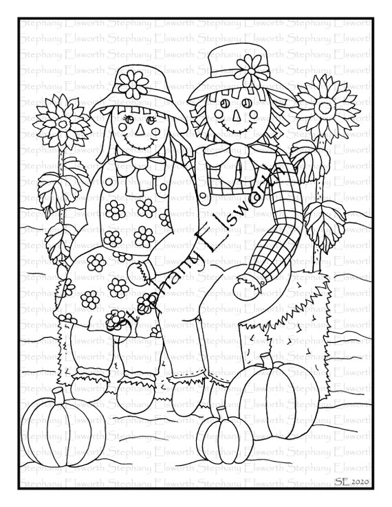 Scarecrows on hay bale x printable instant download coloring page