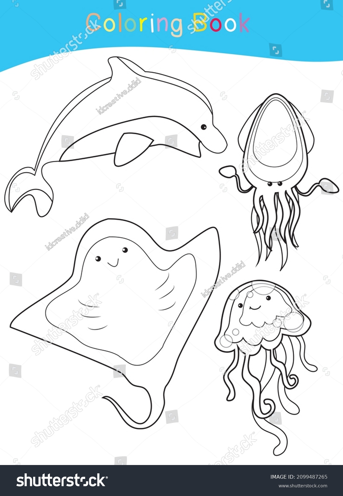 Coloring sea animals worksheet page educational stock vector royalty free
