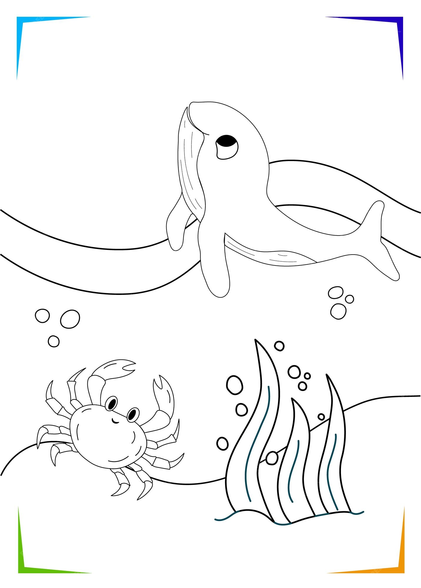 Premium vector black and white crab whale seaweed coloring page for kids marine underwater inhabitants vector illustration printable for kids worksheet for children coloring book black outlines sea life