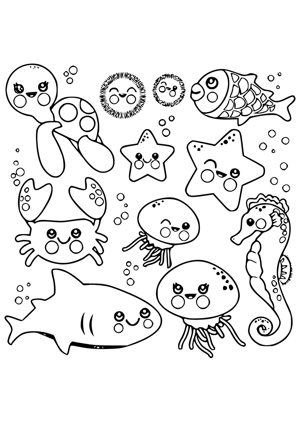 Free printable sea animals funny coloring page for adults and kids