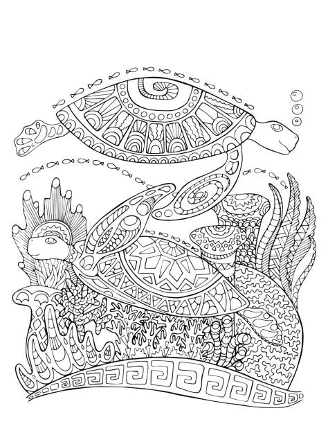 Sea turtle doodle style coloring page underwater vector illustration for adult coloring stock illustration
