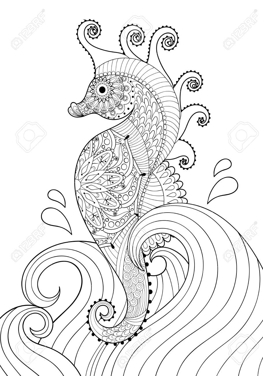 Hand drawn artistic sea horse in waves for adult coloring page a size in doodle zentangle style mexican ethnic ornamental patterned print monochrome sketch floral printable vector illustration royalty free svg cliparts