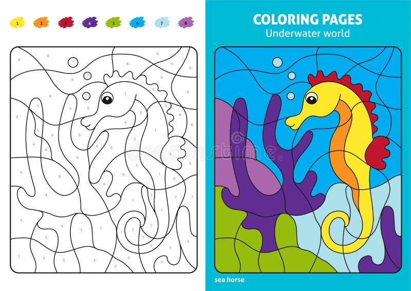 Underwater world coloring page for kids sea horse stock vector