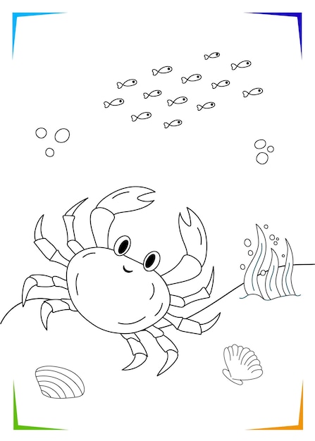 Premium vector black and white crab shell seaweed coloring page for kids marine underwater inhabitants vector illustration printable for kids worksheet for children coloring book black outlines sea life