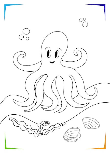 Premium vector black and white octopus shell seaweed coloring page for kids marine underwater inhabitants vector illustration printable for kids worksheet for children coloring book black outlines sea life