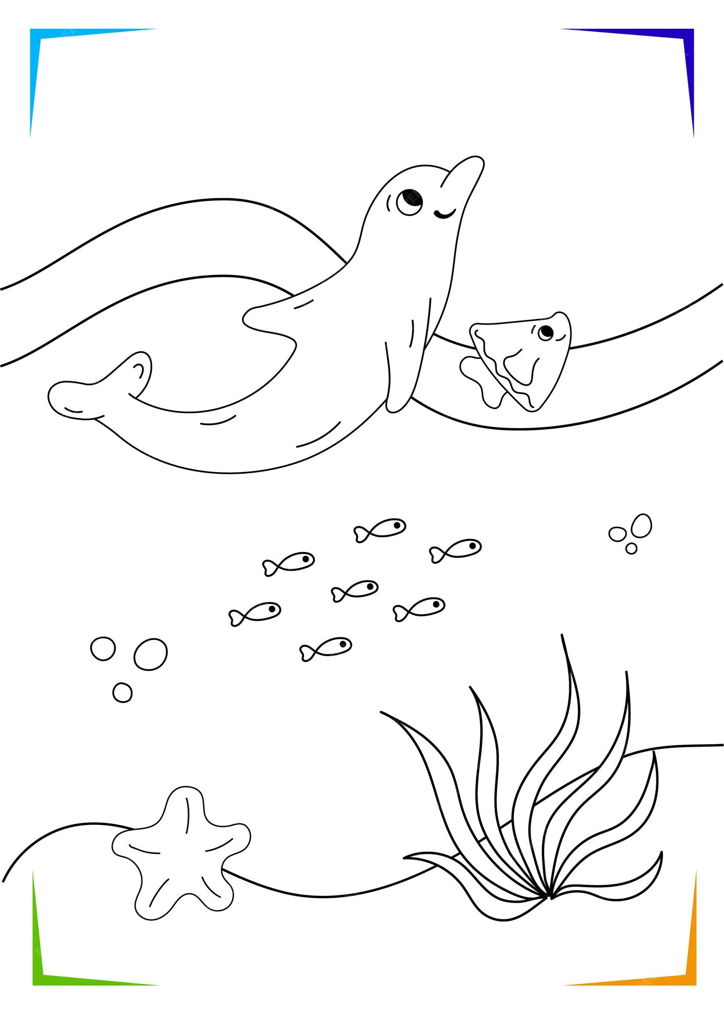 Premium vector black and white dolphin starfish seaweed coloring page for kids marine underwater inhabitants vector illustration printable for kids worksheet for children coloring book black outlines sea life