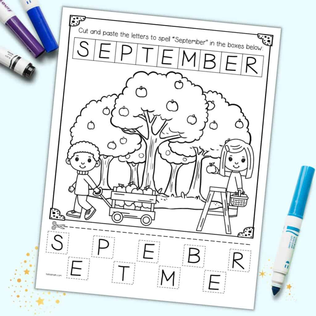 Free printable september cut and glue worksheet