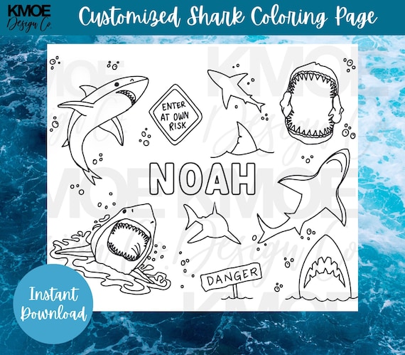 Shark coloring page customized printable coloring page coloring sheet animals ocean personalized coloring pages for kids birthday party