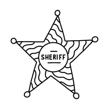 Premium vector sheriff badge doodle in the star shape with hand drawn outline cute emblem of western police sign of law security justice wild west and cowboy symbol with golden elements