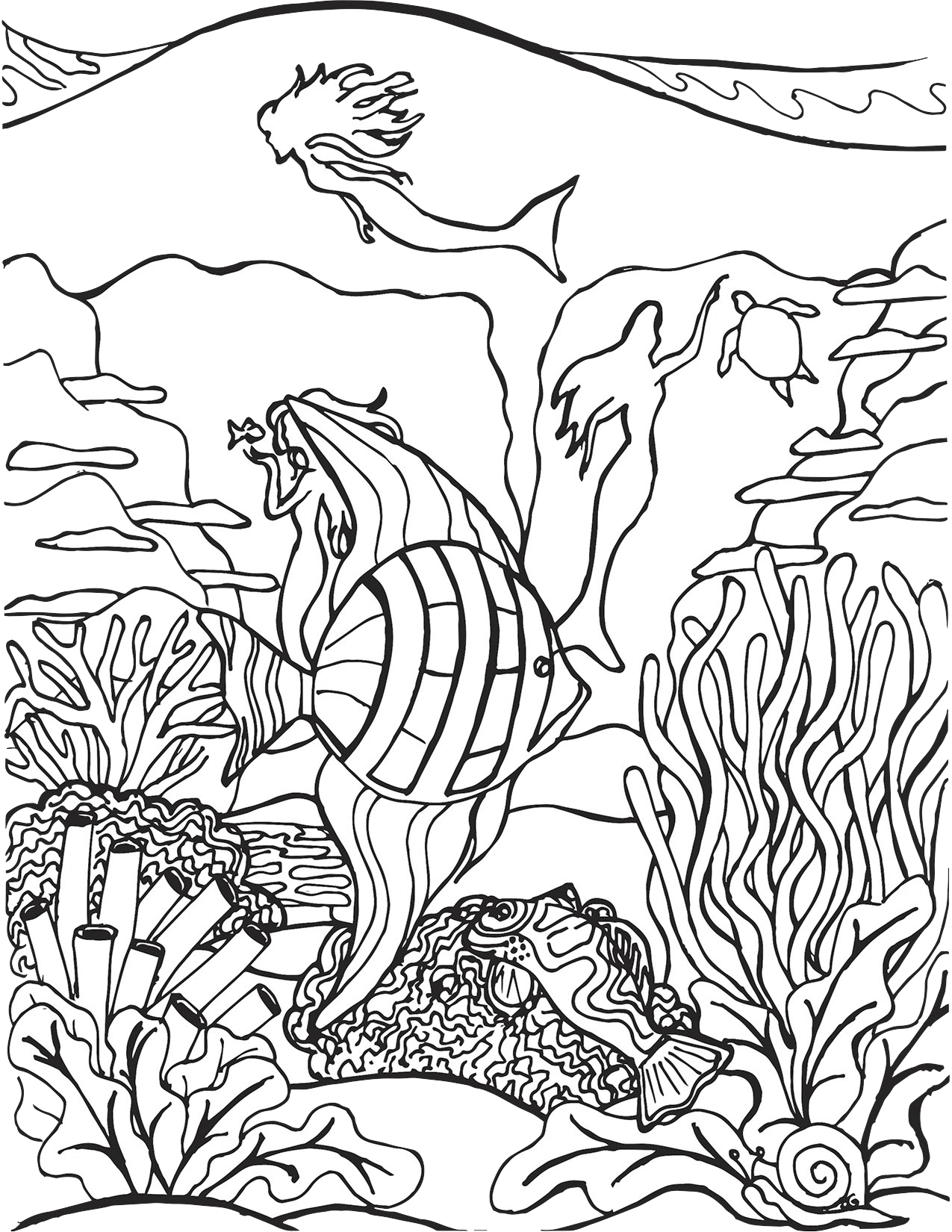 Tropical fish and mermaid silhouettes coloring page â mermaid coloring pages