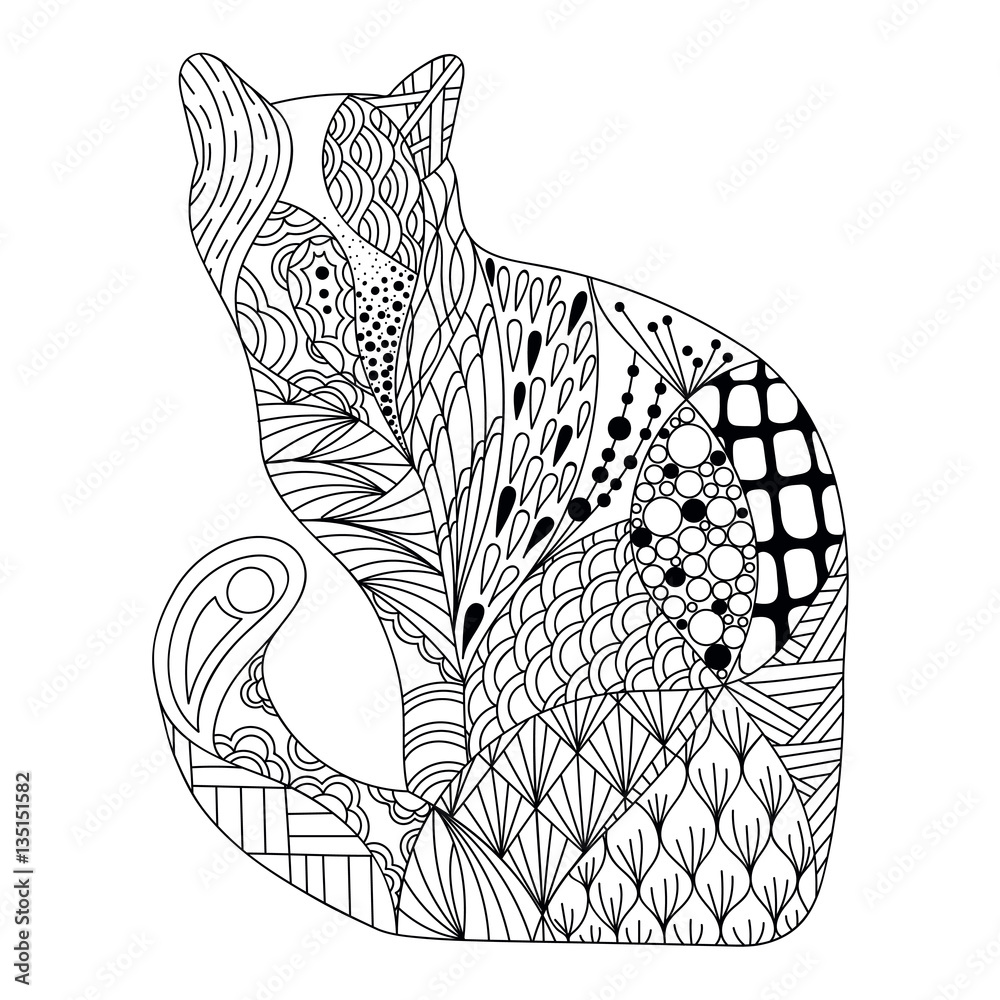 Decorative outline of cat ornate silhouette as template of adult coloring book t
