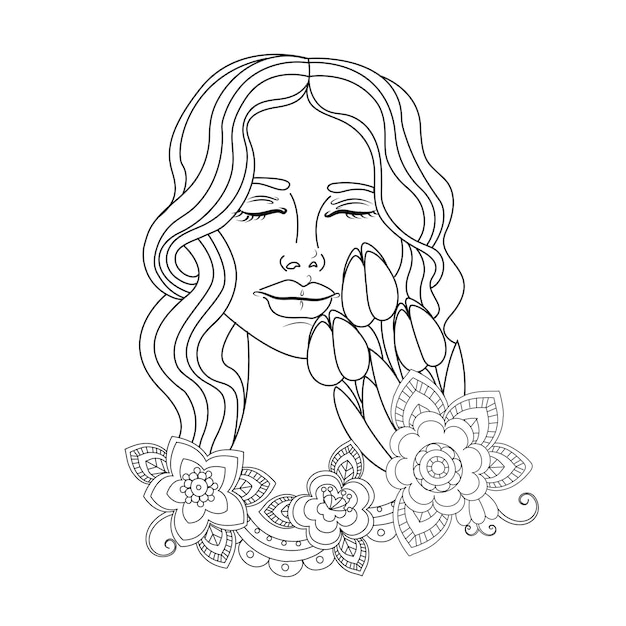 Premium vector silhouette of a girl with flowers tulips in the style of line art coloring book print on the product laser engraving on textiles vector illustration