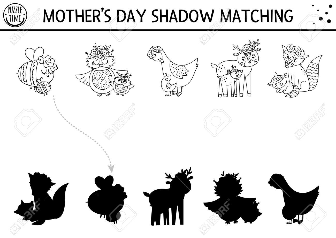 Mothers day black and white shadow matching activity for children fun spring line coloring page with cute mother and baby animals family love game for kids find correct silhouette printable royalty free